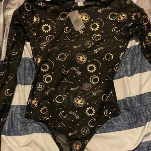 Rue21 Celestial Black and Gold mesh Bodysuit
